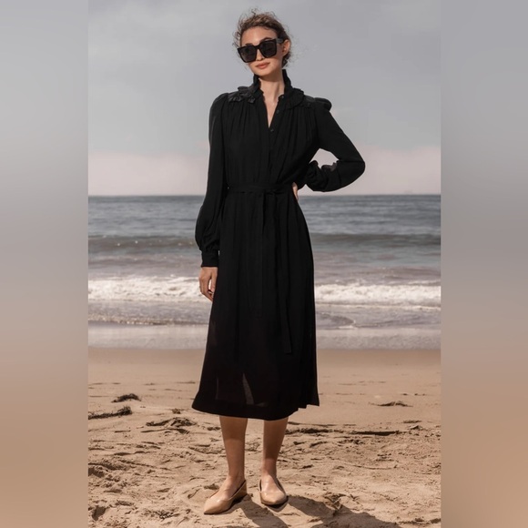 Heidi Merrick / Wightman kaftan Dress  gauze midi ruffle Black XS - Picture 1 of 6